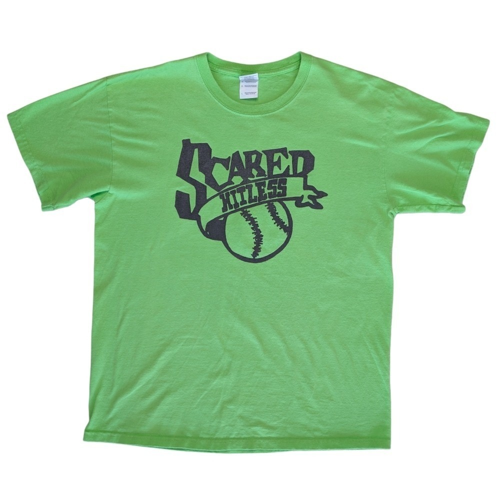 Gildan Men's Large Green‎ Scared Hitless Baseball Short Sleeve Tee Shirt